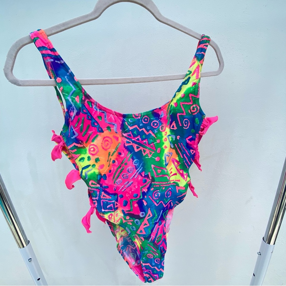 Neon Geo Print One-Piece Swimsuit - Pink/Green